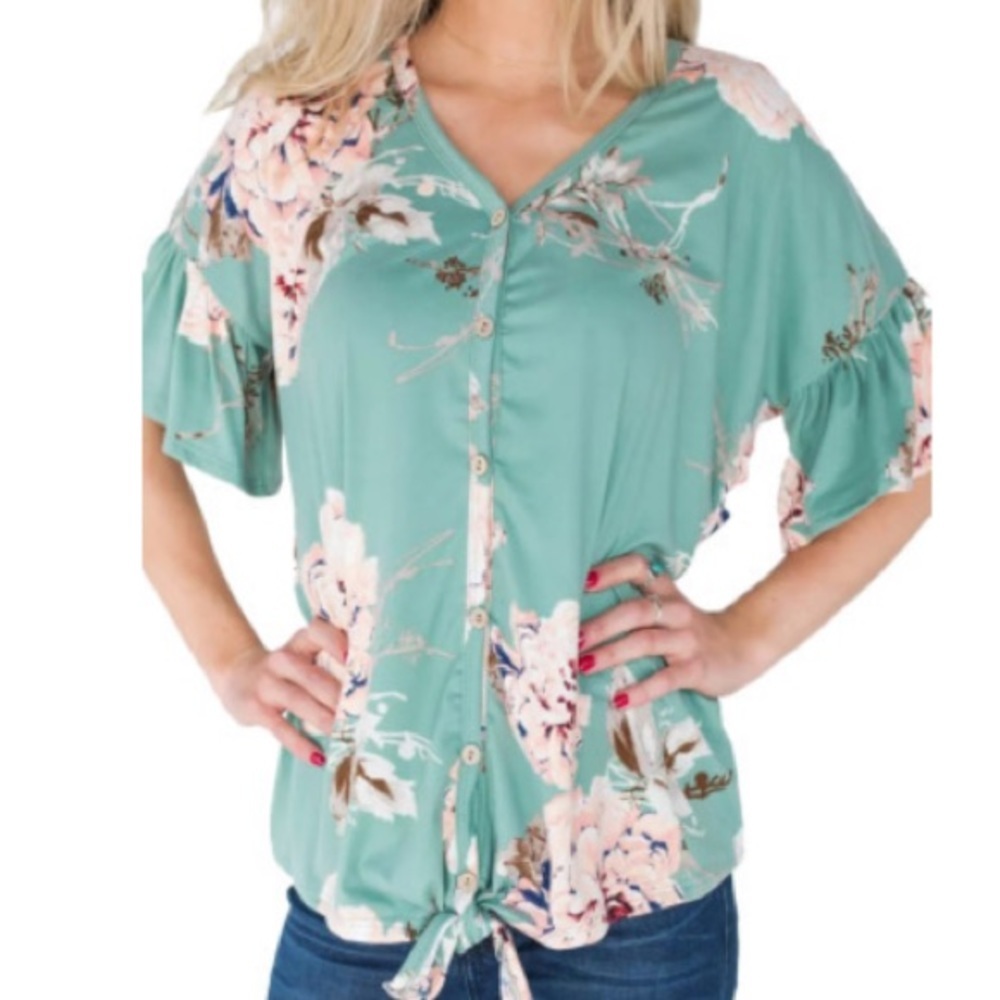 Light Blue Bell Sleeve Tie Blouse
